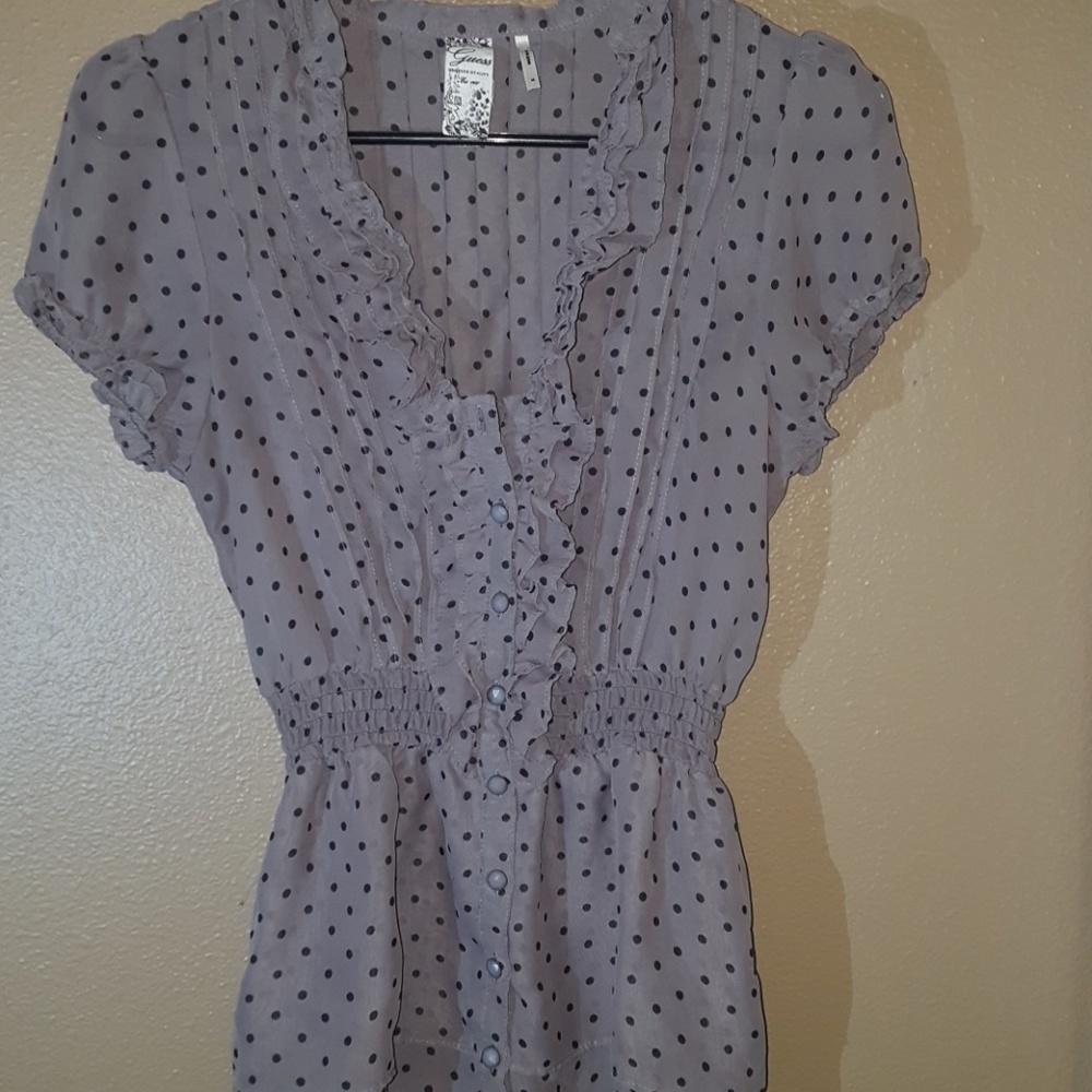 Guess short sleeve button up ruffle blouse Sz Sm